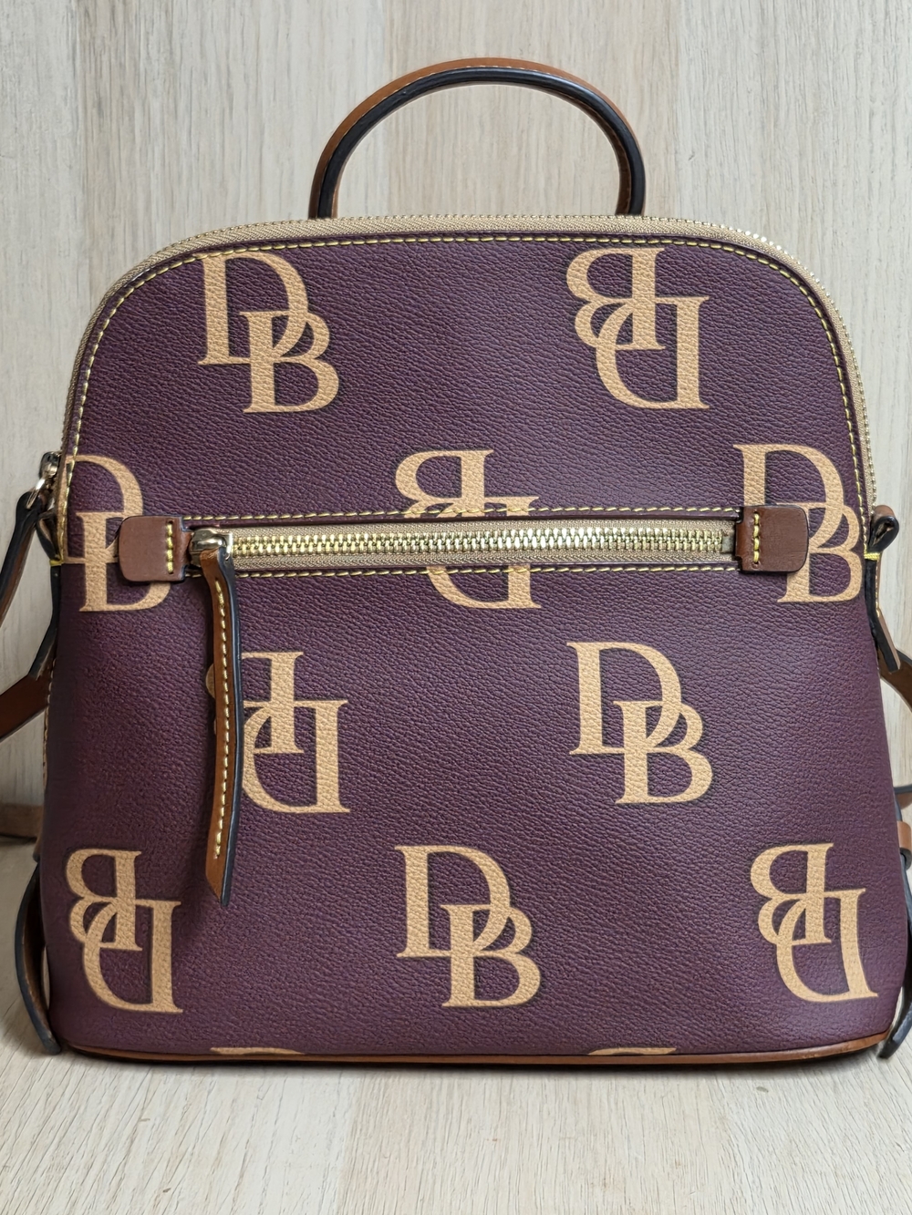 Dooney & Bourke Monogram Small Backpack Purse Burgundy/Tan